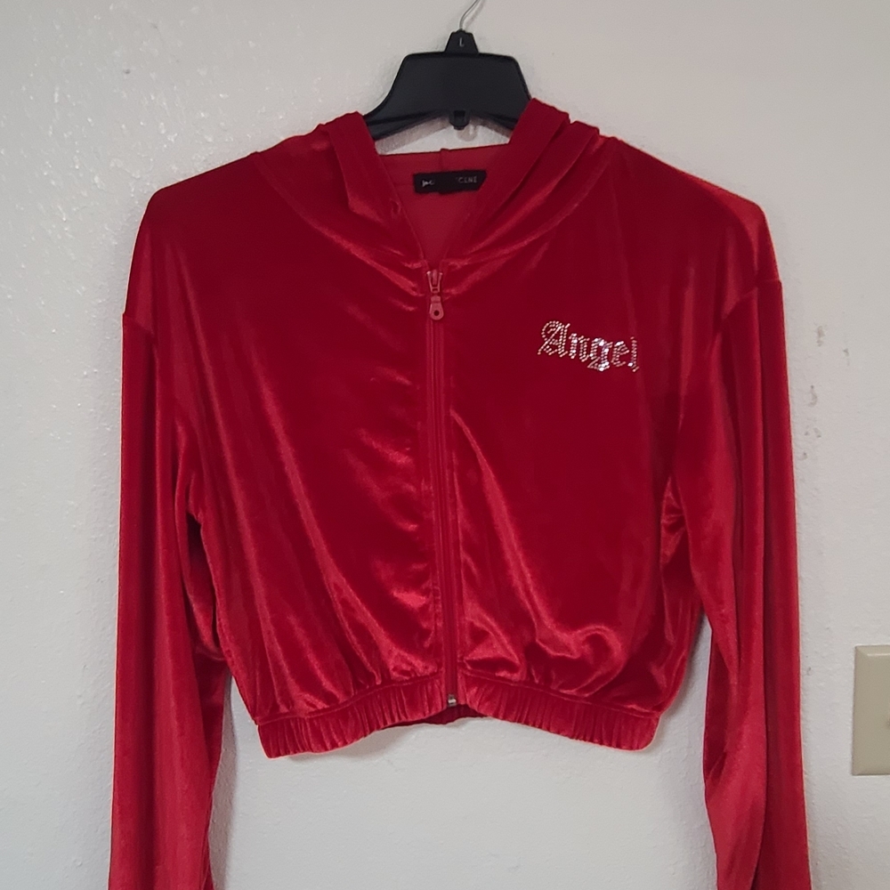 Red Velvet Zip-Up Bomber Jacket with Crystal 'Angel' Accent